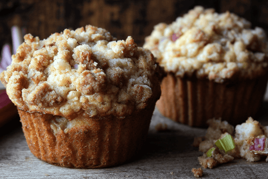 Tender Cinnamon Rhubarb Muffins with Crumb Topping