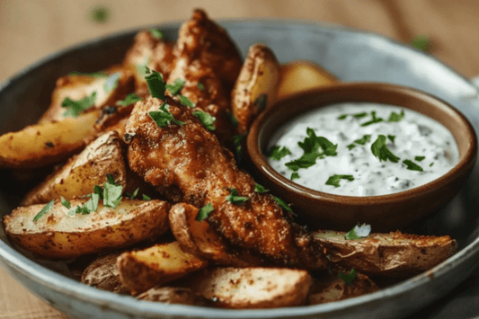 Crispy Oven-Baked Chicken Fakeaway with Spiced Wedges and Garlic Yogurt Dip
