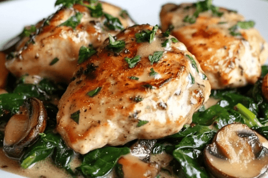Easy Dinner Creamy Garlic Chicken Skillet with Spinach and Mushrooms