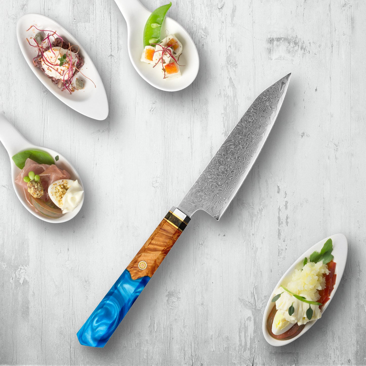 Makito Damascus χάλυβα μαχαίρια με χρωματισμένη μπλε ρητίνη λαβή