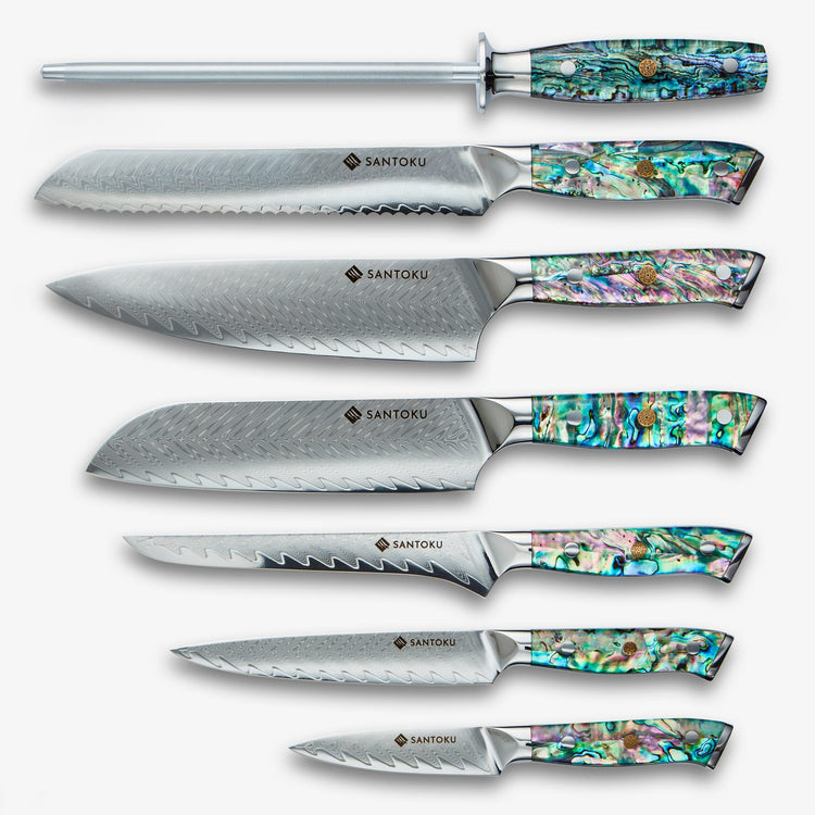 Σετ μαχαιριών από ατσάλι Chikashi Damascus με λαβή Abalone