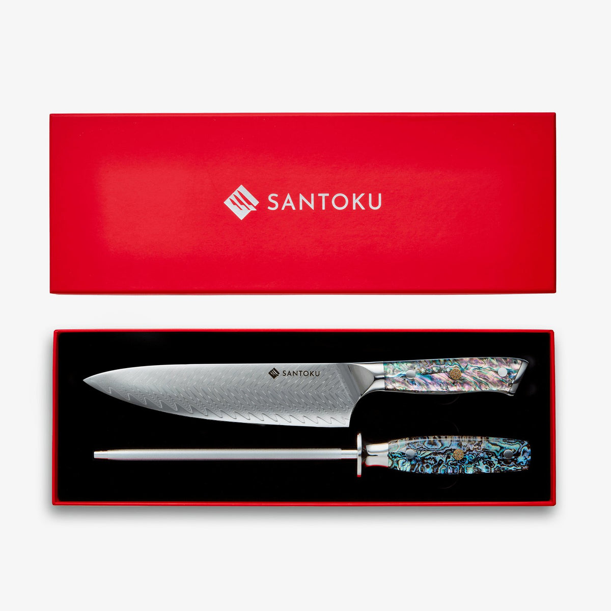Juego de cuchillos de chef y acero Chikashi Damascus con mango de abulón