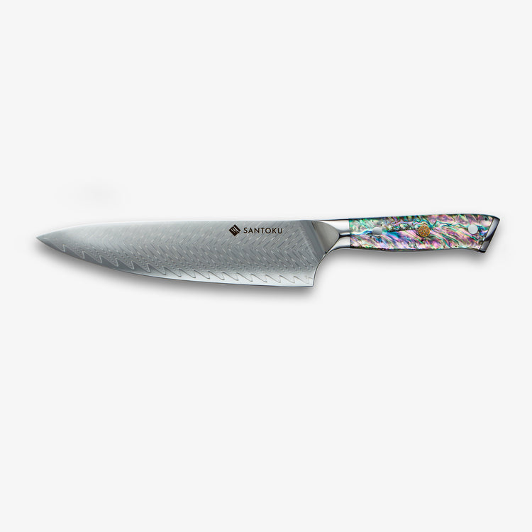 Juego de cuchillos de chef y acero Chikashi Damascus con mango de abulón