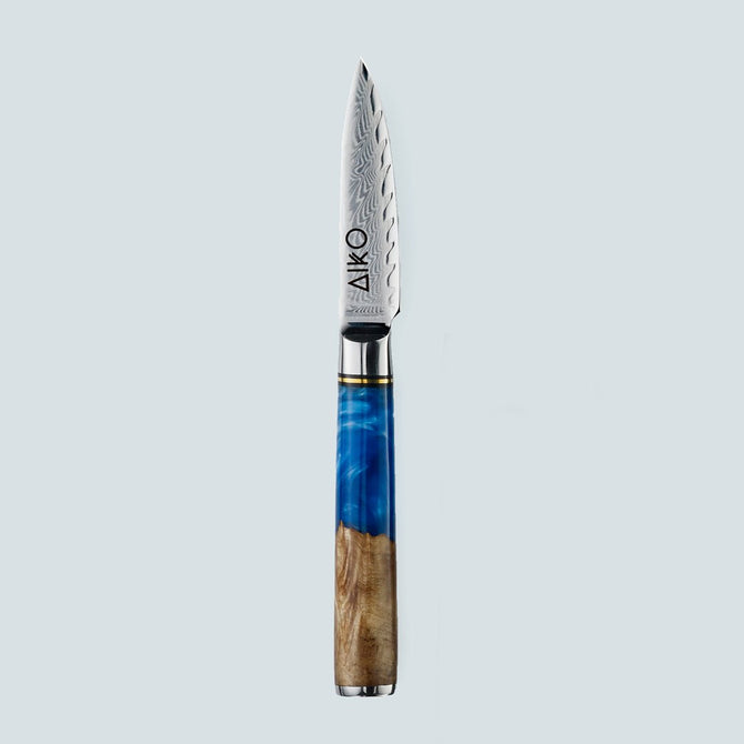 Cuchillo Aiko de Acero Damasco Azul con Mango de Resina de Color Azul