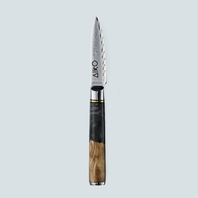 Cuchillo Aiko de acero damasco negro con mango de resina de color negro