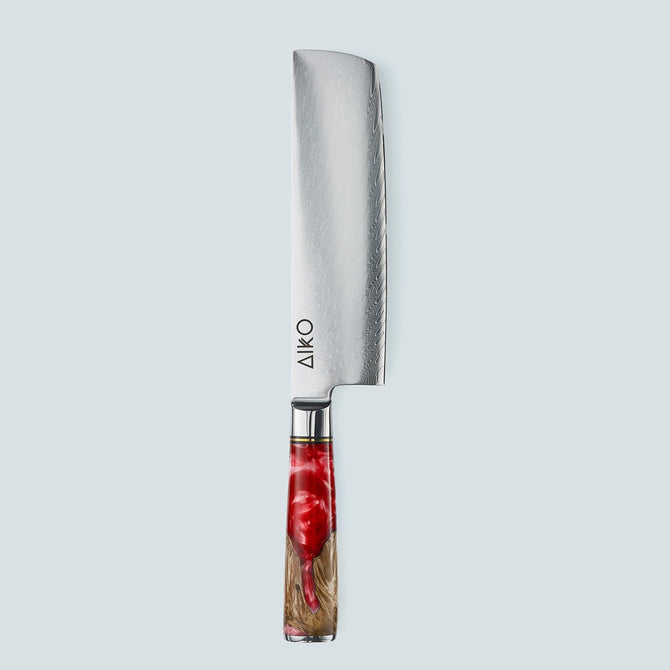 Aiko Red Damascus Steel Knife with Coloured Red Resin Handle