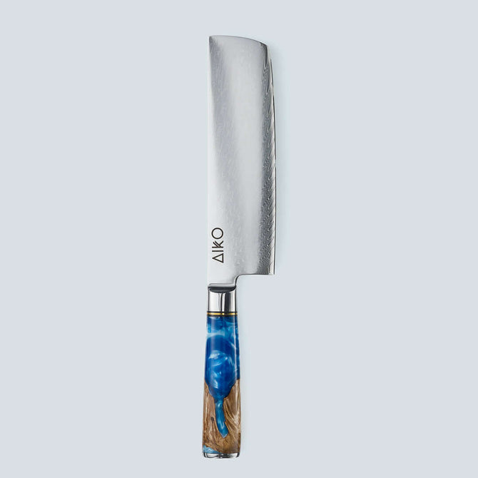 Cuchillo Aiko de Acero Damasco Azul con Mango de Resina de Color Azul