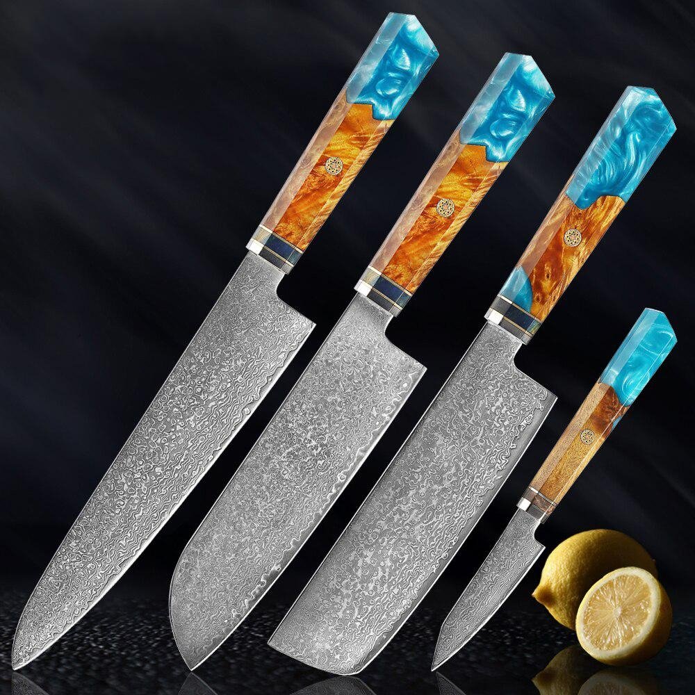 Makito Damascus χάλυβα μαχαίρια με χρωματισμένη μπλε ρητίνη λαβή