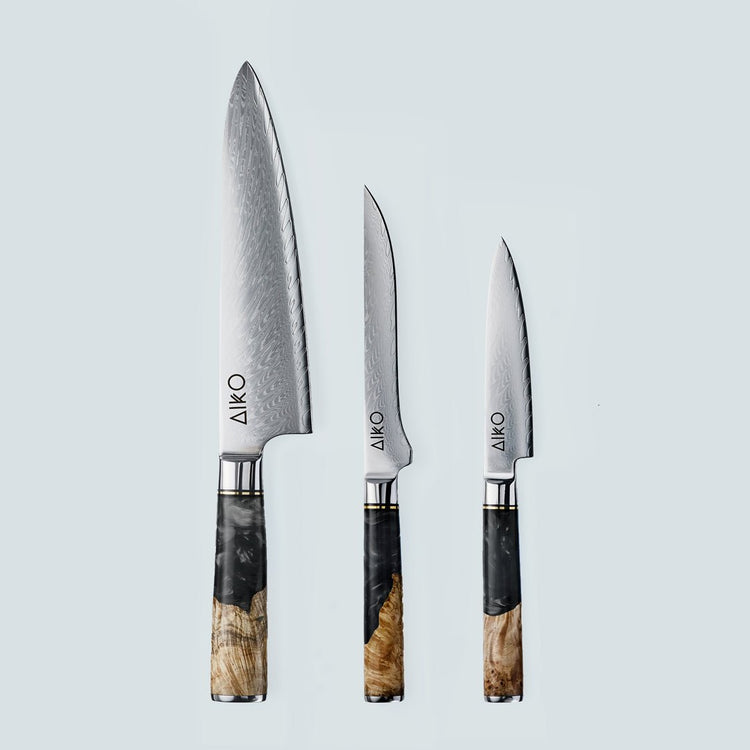 Cuchillo Aiko de acero damasco negro con mango de resina de color negro