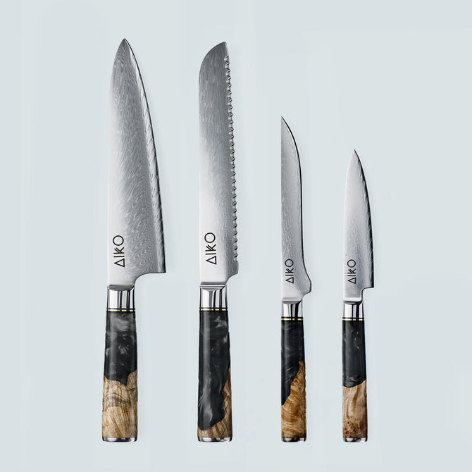 Cuchillo Aiko de acero damasco negro con mango de resina de color negro