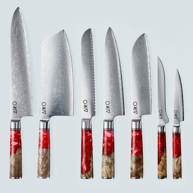 Cuchillo Aiko de acero damasco rojo con mango de resina de color rojo