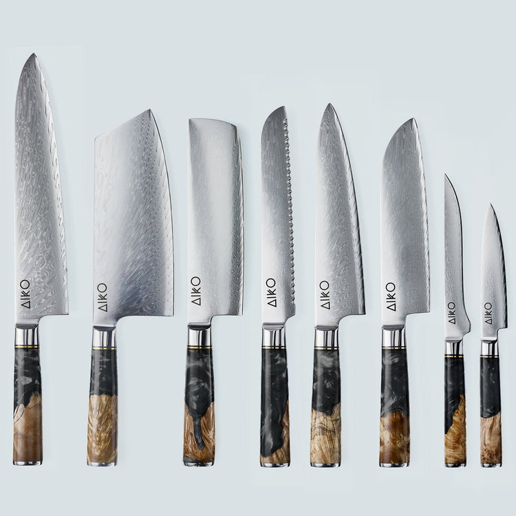 Cuchillo Aiko de acero damasco negro con mango de resina de color negro
