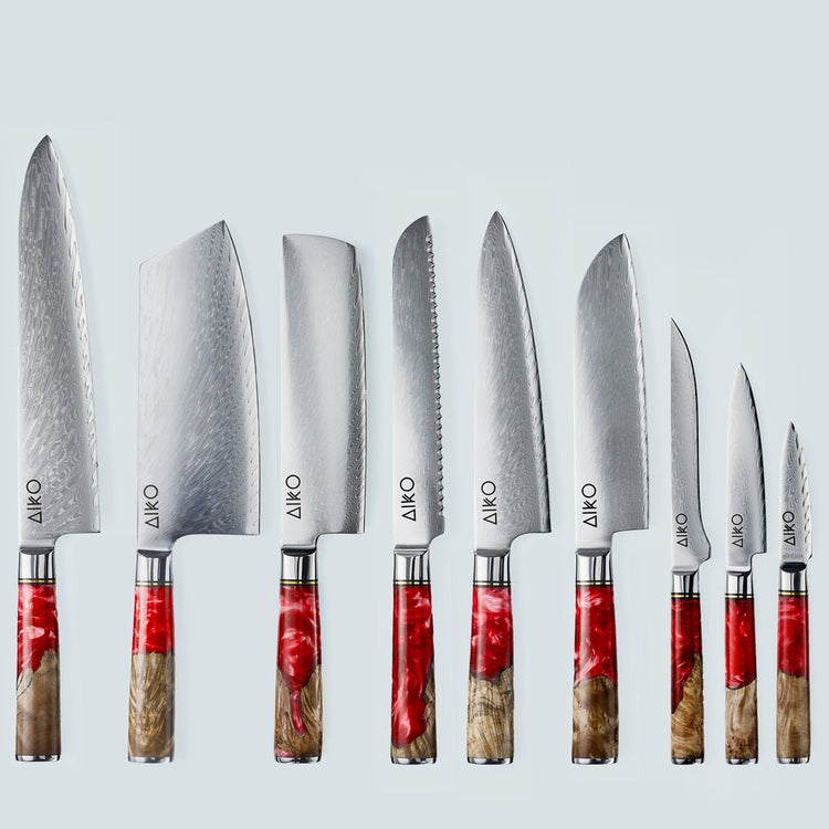 Ατσάλινο μαχαίρι Aiko Red Damascus με χρωματιστή κόκκινη λαβή από ρητίνη