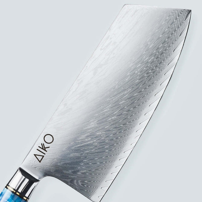 Cuchillo Aiko de Acero Damasco Azul con Mango de Resina de Color Azul