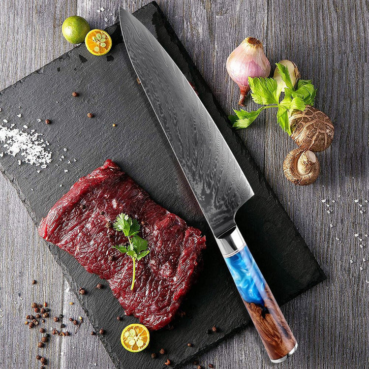 Ατσάλινο μαχαίρι Gyuto Damascus με χρωματιστή μπλε ρητίνη λαβή
