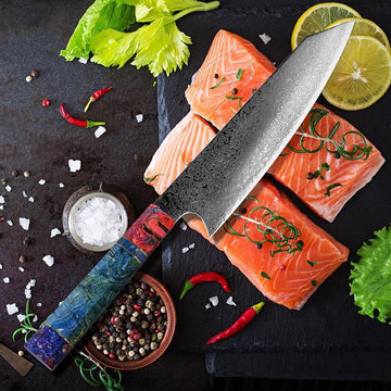 Kiritsuke (きりつけ きりつけ きりつけ きりつけ きりつけ きりつけ きりつけ きりつけ) Damasco Cuchero de acero con mango de ébano de colores